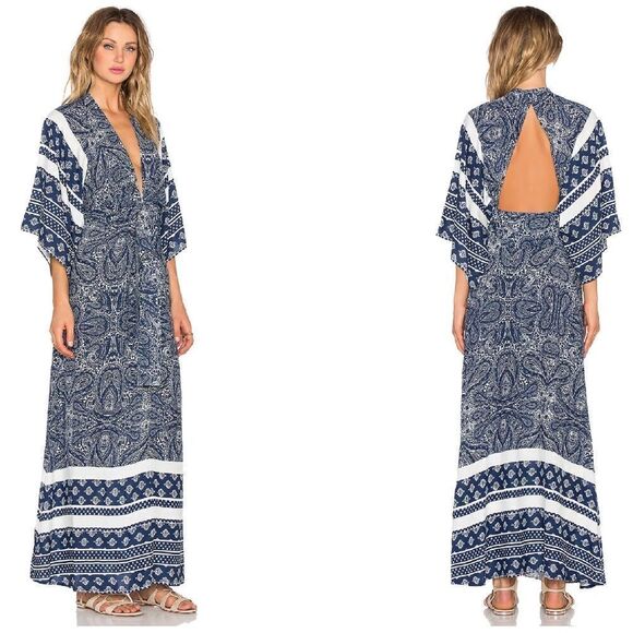 Tularosa X Revolve Rosella Maxi Kimono Blue Paisley Dress, Small - Picture 1 of 13